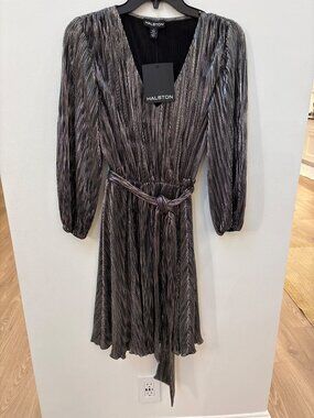 Halston Metallic Pleated Long-Sleeve Belted Dress MSRP $139